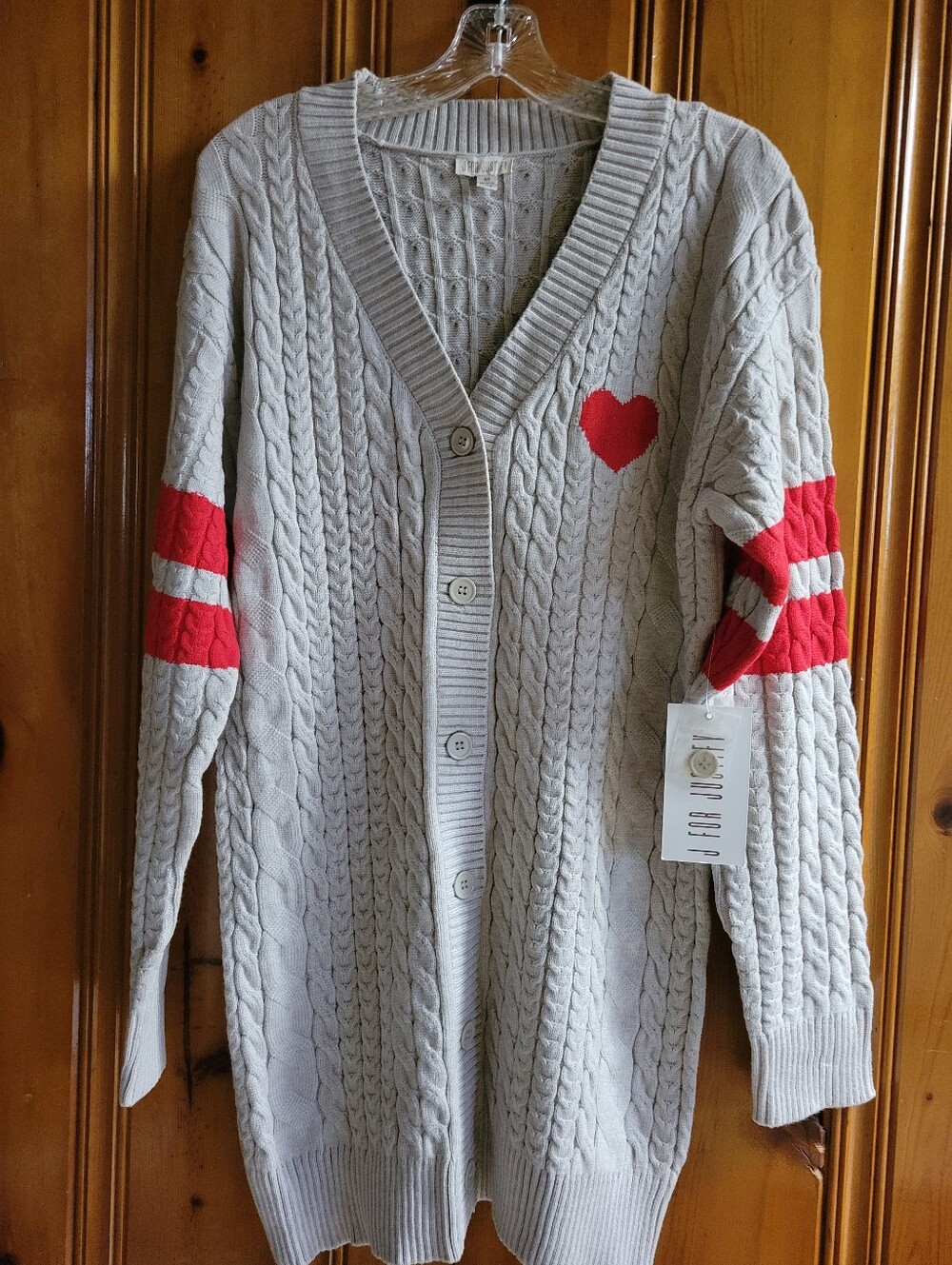 J for Justify Cream Cable Cardigan with Red Heart and Sleeve Stripes